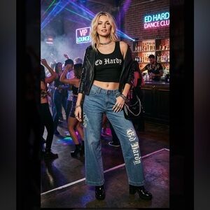 Ed Hardy Women's Brave Hearts Stay True Eagle Wide Leg Jeans Med Vintage Wash 24